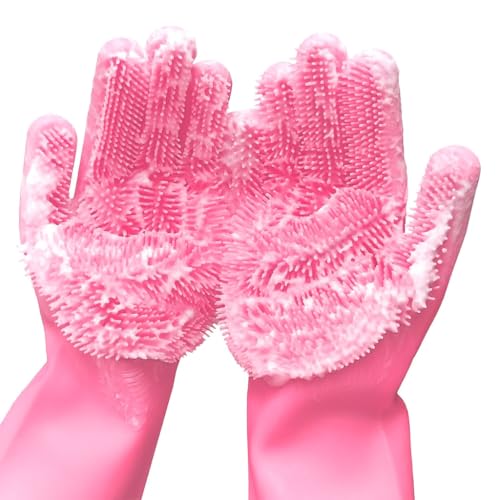 Image of Gloves Magic Silicone Dish Washing Gloves, Silicon Cleaning Gloves, Silicon Hand Gloves for Kitchen Dishwashing and Pet Grooming, Great for Washing Dish, Car, Bathroom (Pink, 1 Pair)