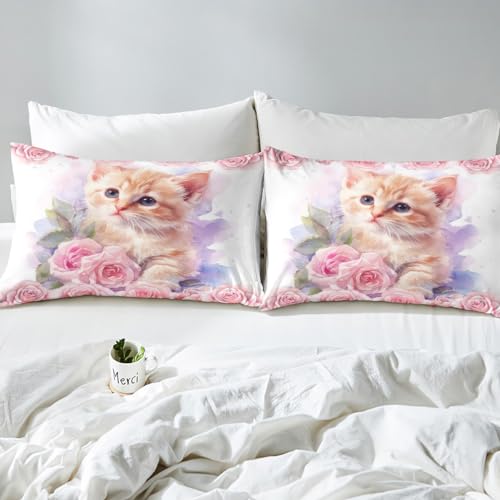 Parure de lit double motif chat et fleurs avec drap-housse et taies - 6