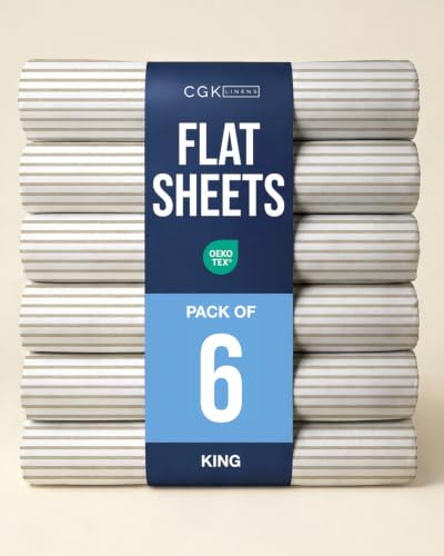 King Size Flat Sheet - Pack of 6 Top Flat Bed Sheet Only - Beige Stripes