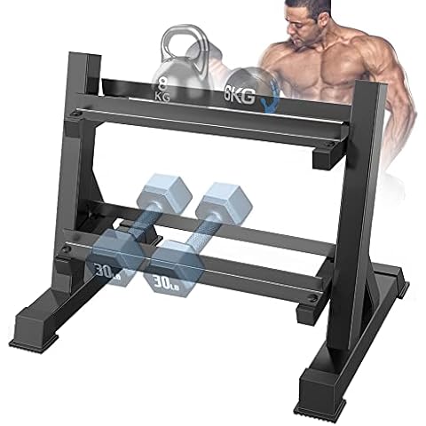 THERUN 2 Tier Dumbbell Rack with Reverse Installation, Weights Plates Kettlebells Weight Sets Stand, Adjustable Dumbbell Holder Storage for Home Gym (Rack Only) Cover