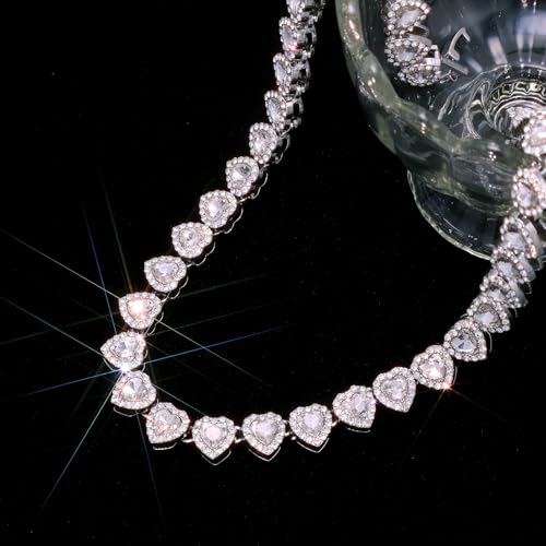 Rhinestone Hearts Necklace, Iced Out Hearts Jewelry，Silver Tennis Necklace For Women，Tennis Necklaces For Women, Hearts Tennis Necklace4