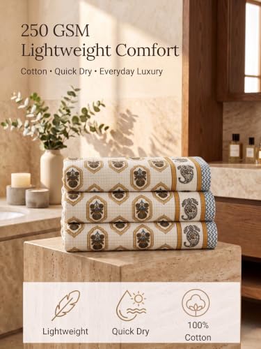 Image of Mafatlal Madhuban 250 GSM Premium Bathroom Towels Pack of 3 | Waffle Cotton | 147 x 76 cm | Lightweight & Quick Dry | Floral Design | Taupe Beige