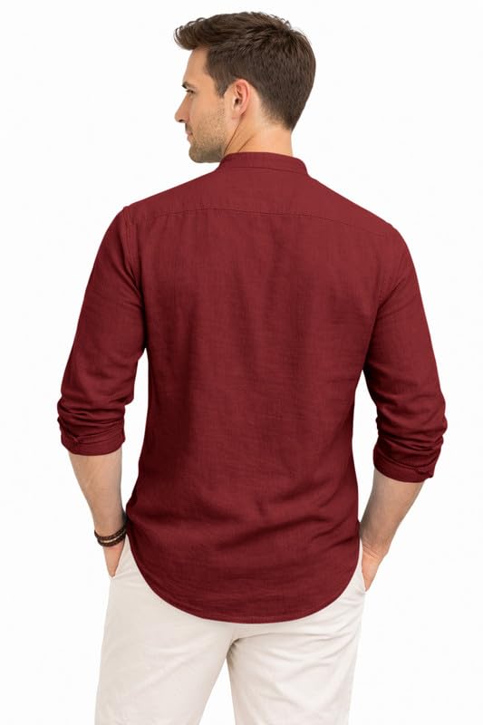 Image of ROYALSCOUT Men's Cotton Polyester Blend Kurta Style Shirt with Mandarin Collar, Half Button Placket, Dual Chest Pockets, Long Sleeve Casual Ethnic Fusion Wear for Office, Festive and Daily Use