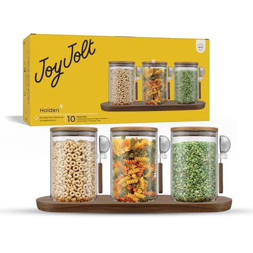 JoyJolt Holden 32oz Stackable Glass Storage Containers with Lids Scoops and Tray, Clear Airtight Food Canister Set of 3 w/Acacia Wood Lids, Round Stacking Pantry and Kitchen Containers w/Scoop