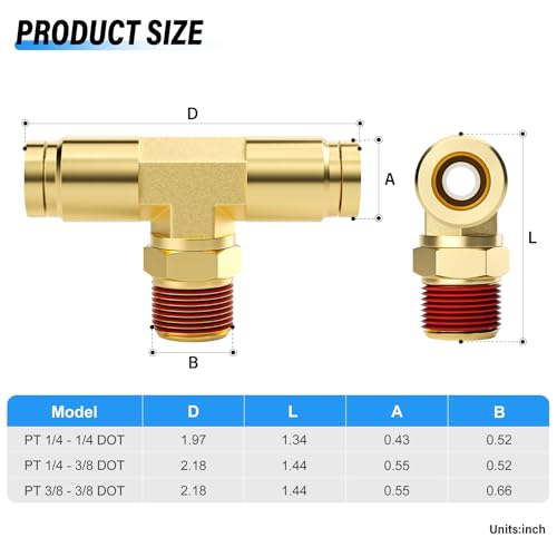 Image of TAILONZ PNEUMATIC 1 /4 Inch Tube OD x 1 /4 Inch NPT Thread DOT Tee Out Pipe Air Fittings PT-1 /4-N2,Push to Connect Fittings Air Brake Pipe Fittings for Cars、Trucks、Air Brake Systems、Etc.(Pack of 5)