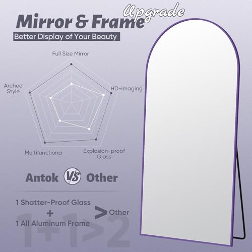 Full Length Mirror, 58"x18" Floor Mirror, Arch Floor Standing Mirrors Freestanding Arch Full Body Mirrors with Stand for Bedroom, Hanging Mounted for Living Room Cloakroom, Purple