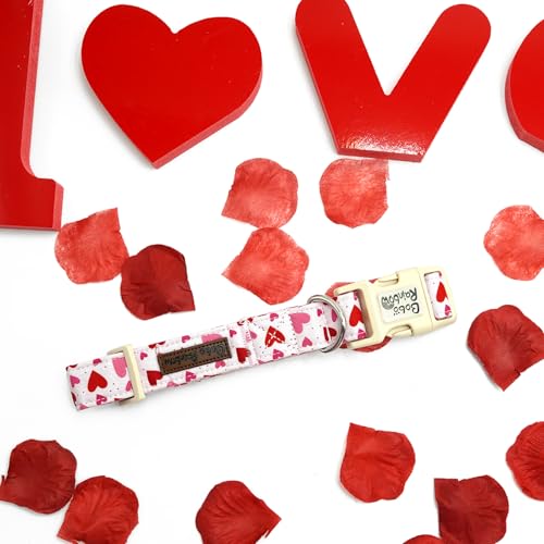 Image of Valentine's Cute Pink Heart Print Dog Collar for Medium Dogs | Valentine Pet Outfit,Wedding,Anniversary,Daily Walks,Adjustable,Cotton Fabric,Quick Release Plastic Buckle,Pendant,Female Dog
