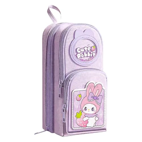 Image of WORSHIPER 6 Layer with 3 Compartment Premium Canvas Pencil Pouch for School Girls and Boys, Cute Aesthetic Stationery Items Kit Case, Large Capacity Stationary Pencil Pouch (: Purple Cute Rabbit)