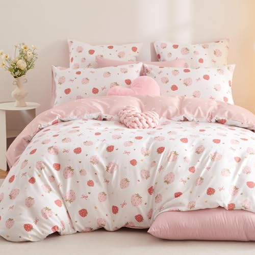 Freyamy Bettwäsche 155x220 Rosa Bunt Erdbeer Schleifen Herz Bettwäsche Set – Ansicht 2