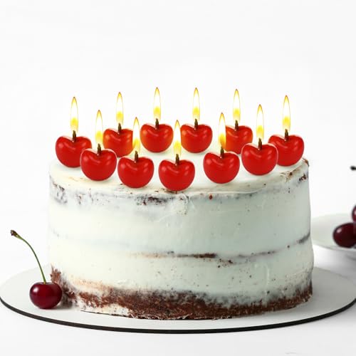 Image of Conelist 15 Pcs Cherry Shaped Birthday Cake Toppers Decor, Red | Cute Fruit Shaped Candles Mini Cherry Cake Decorations Party Favors Soy Wax Cupcake Toppers for Wedding Dessert Table Gifts