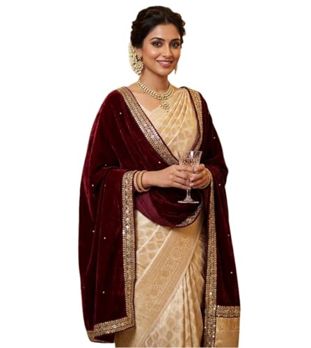 Image of Navti Creations Women's Stole Dupatta In Velvet With Cross Design Border (length -2.25m, Width-75cm)