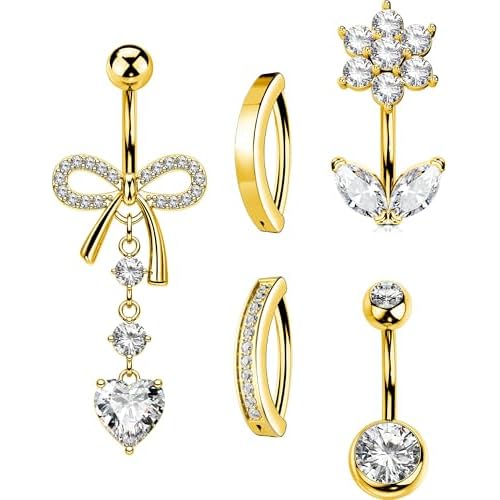 OUFER 5PCS Belly Button Rings, Cute Bow Flower Heart Dangle Navel Belly Piercing Jewelry, Clicker Navel Rings for Women Men, 14G Surgical Steel Dainty
