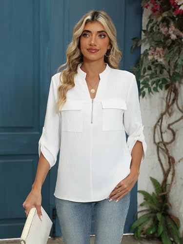 Funlingo Women's Length Sleeve Tops Business Casual Blouses Zip Front V Neck Work Shirts Loose Fit Tunic Tops 2026 - image 4