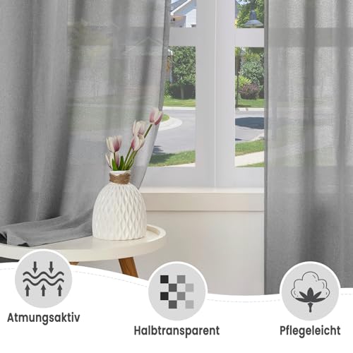 WOLTU halbtransparenter Vorhang mit Kräuselband Leinenoptik 175x140cm Grau – Ansicht 3