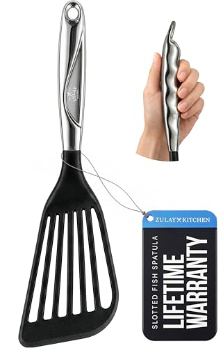 Zulay Kitchen Stainless Steel Fish Spatula - 12.8” Flexible Slotted Turner for Cooking & Frying - Ergonomic Handle, Non-Stick Safe & Dishwasher Safe Kitchen Utensil for Everyday Use