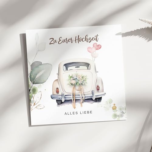 FORYOU24 MYPRINTZ Glückwunschkarte zur Hochzeit mit Umschlag aus Kraftpapier. Hochzeitskarte Grußkarte Vermählung Just Married Wedding Motiv Auto (KT_116)
