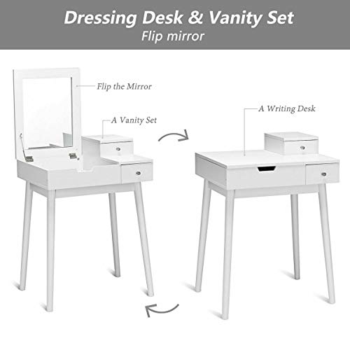 Vanity Dressing Table Set, Flip Mirror Writing Desk, Home Room Furniture Makeup Vanity Set, Stool Included, by Waterjoy