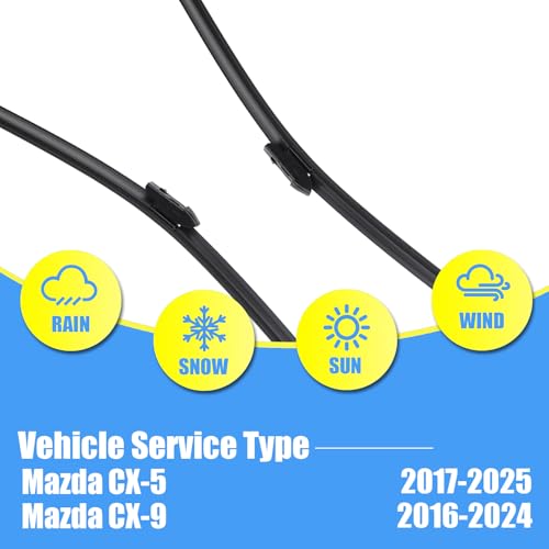 Image of Gavimnal Silicone Wiper Blades Replacement For Mazda CX-5 2017-2025 | Fits CX-9 2016-2023; 24 inch+18 inch Front & 14 inch Rear, All-Weather, Streak-Free, OE-fit, Quiet, Easy One-Click Install