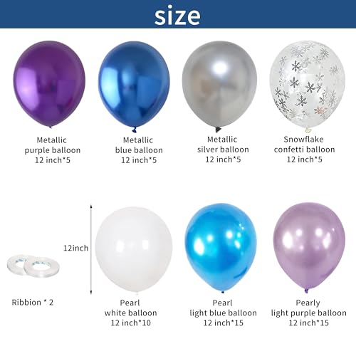 Image of Winter Snowflake Balloons, 60 Packs 12 Inch Metallic Purple Blue White Silver Balloon with Confetti Balloon for Birthday Party Baby Shower Christmas Winter Wonderland Party Decoration
