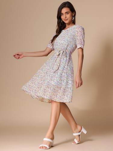 Image of Allegra K Women's Vintage Peter Pan Collar High Waist Flowy Midi Puff Sleeve Floral Dress