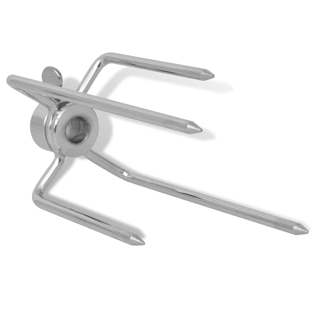 2 forchette per spiedini cromate in acciaio per barbecue, con quattro denti e viti di sicurezza, adatte per spiedini di diametro 8-11 mm.