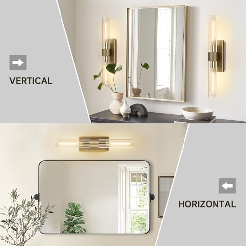 Image of Wall Sconces Set of Two, Gold Bathroom Sconces Wall Lighting with Clear Glass, Modern Sconces Wall Decor Light Fixtures for Bathroom Mirror Living Room Hallway Bedroom