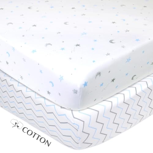 Image of American Baby Company 2 Pack Fitted Crib Sheets 52x28 inch, Blue Stars /Zigzag | 100% Natural Cotton Crib and Toddler Bed Sheets, Soft, Breathable & Hypoallergenic, Gentle on Skin, Neutral for Boys & Girls