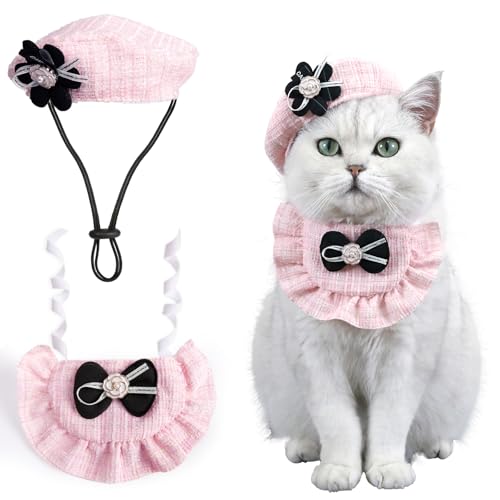2 peças de chapéu de boina de gato com camélia, conjunto de cachecol bandana de arco ajustável, fant
