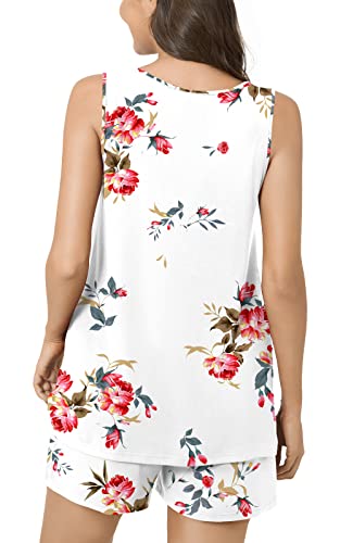 Popyoung 2023 Women's Pajamas Sets, Summer Sleevelesss Tank Tops With Comfy Shorts, Lounge Sleepwear 2 Piece Ladies Pjs Sets With Pockets 2Xl, Floral White #TOP2