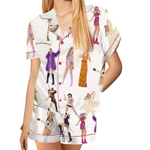 Nhemeylp Ensemble de pyjama pour femme Concert Lounge Sets Manches courtes Vêtements de nuit Vêtements de détente Boutons Chemise de nuit Pyjamas doux Ensembles de tenues pour amoureux de la musique