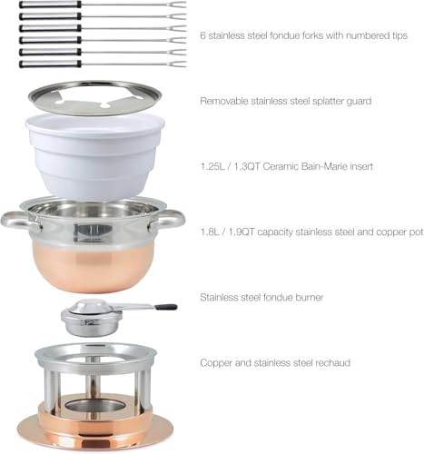 Swissmar Lausanne 11-Piece Copper Plated Fondue Set - Ideal for Cheese & Chocolate Fondue, Oil & Broth Cooking - Perfect for Kitchen Collection & Wedding Gifts - 1.8 Liter / 1.9 Quarts - 4