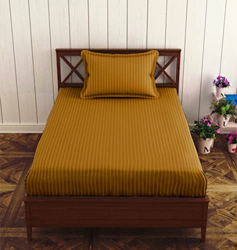 Image of Trance Home Linen 100% Cotton 72X30 Inch Single Fitted 200TC Satin Stripe Elastic Fitted Bedsheet|Single Bed Size Daily Use Fitted Bedspread With 1 Pillow Covers(72 inchX30 inch|6X2.5 Feet,Mustard Yellow)