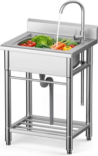 Stainless Steel Utility Sink with Faucet - Freestanding Single Bowl Sink for Commercial Kitchen Laundry Garage Shop Patio Outdoor Prep & Wash Sink with Shelf Fregadero Para Patio Exterior - 23In