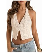 RoseSeek Women's Floral Embroidered Halter Top V Neck Backless Crop Tops Elegant Tops