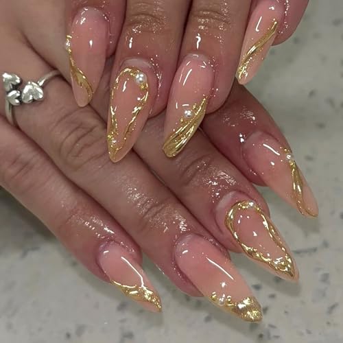 HOSAILY 3D Gold French Press on Nails Medium Almond with Gold Metallic...