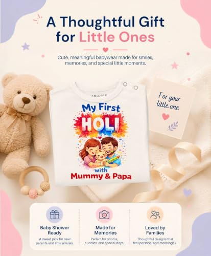 Image of ARVESA My First Holi Baby Romper for Baby Boy and Baby Girl White Cotton 0-12 Months Design No 2123 Infant My First Holi Printed Cotton Romper