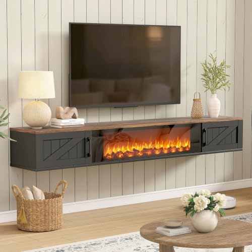 Floating TV Stand Wall Mounted, 70" Farmhouse Entertainment Center Floating TV Console for TVs Up to 80", Floating TV Cabinet Shelf for Living Room Bedroom, 2 Tier Wall Mounted TV Stand Blac