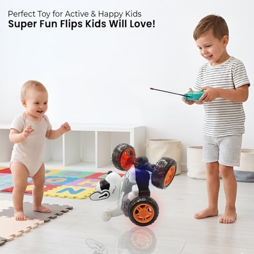 Image of Cable World RC Stunt Robot Dog Car, 360 Degree Rotating, Remote Control Musical Dancing Dog with Flashing Lights, Smoke, Sound, Action, Activity Play Center Toy for Kid Early Learning Educational
