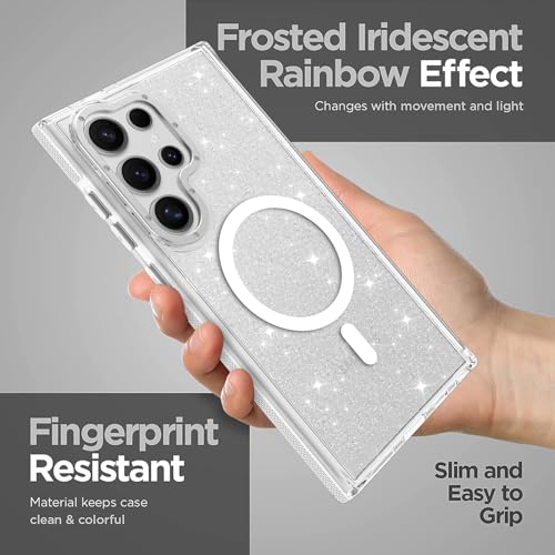 Image of Magnetic Case for Samsung Galaxy S24 Ultra [Compatible with Magsafe] [Bling Glitter Fluorescent Design] [1 Screen Protector] Slim Translucent Matte Case for Galaxy S24 Ultra 6.8 inch, White