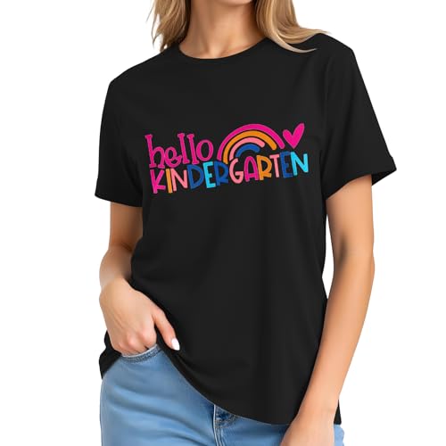 Image of Kindergarten Teacher Shirts for Women-Rainbow Heart Short Sleeves | Cute Back to School Shirt Great for Preschool Educators Classroom Daily Work First Day Celebration Events