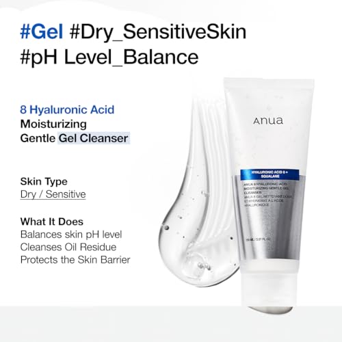 Image of ANUA Moisturizing Gentle Gel Cleanser, Hydrating Face Wash with Hyaluronic Acid & Squalane, pH Balancing, Soothing & Skin Barrier Care, Non-Stripping for Sensitive Skin, Korean Skincare, 5.07 fl oz
