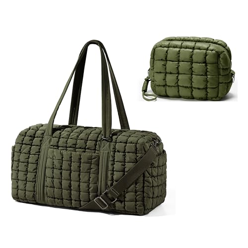 Quilted Travel Duffle Bag Large Weekender Bag Puffer Overnight Bags & Quilted Makeup Bag Puffy Cosmetic Bag Cute Puffer Travel Toiletry Bag for Women Girls