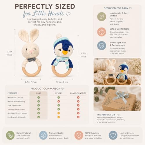 Image of Handmade Crochet Bunny & Penguin Wooden Teether Combo | Baby Teething Ring Toy | Natural Wood Infant Chew Toy | Soft Knitted Newborn Rattle Teether | Organic Cotton Baby Gift Set (Pack of 2)