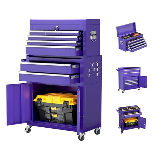 Patiomore 8-Drawer Rolling Tool Chest - Heavy-Duty Steel Tool Cabinet with Detachable Top Box Locking Wheels & Security System for Garage/Workshop 2-in-1 Design Purple