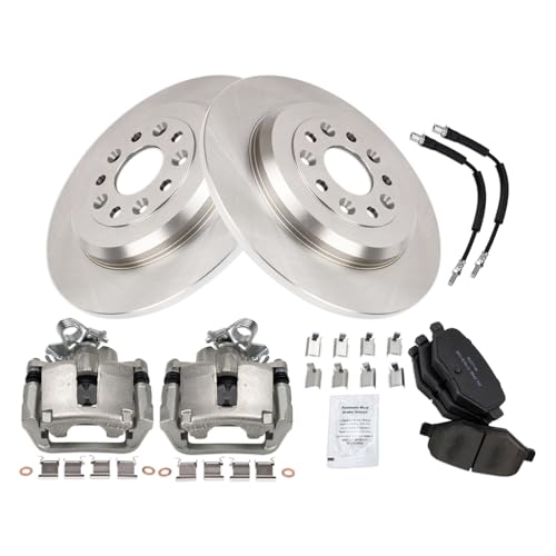 Image of TRQ Rear Brake Pad and Rotor Set Semi Metallic Solid Rotors Calipers Compatible with 2015-2018 Ford Flex Lincoln MKT