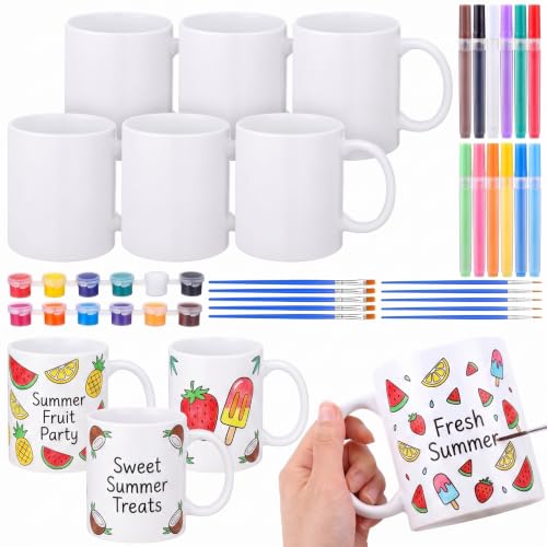CimoroWin 88 Pcs/6 Set Paint Your Own Ceramic Mug Kit for Kids Adults Includes 6 Pcs Paintable Coffee Mugs Paints Brushes Ceramic Cup Paintbrushes Gifts for Summer Holiday VBS DIY Painting Art Craft