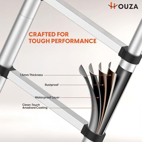 Image of HOUZA Aluminum Telescoping Ladder for Home, 12.5 Ft (3.8m) Foldable Soft-Close Telescopic 13-Step Multi-Purpose Portable Compact Ladder for daily home tasks use safely secure, Industrial & Outdoor Use