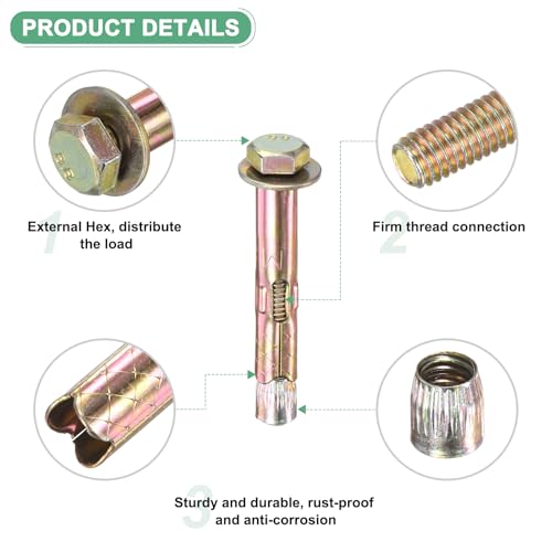 Image of M METERXITY 5-Pack Hex Expansion Bolt, M6x50mm Colored Galvanized Iron-Carbon Steel External Hex Expansion Bolts, Anti-Corrosion Metal Bolt for Concrete /Dry Brick /Block Walls