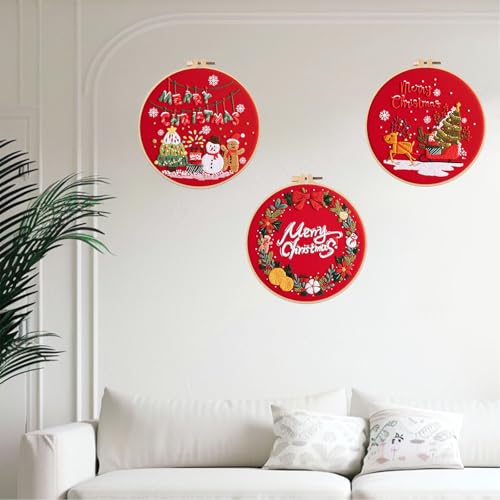 Image of Offizon 3 PCS Embroidery Kit for Beginners Stamped Christmas Red Pattern | Cross Stitch DIY Craft Set, Hoop Included, Santa Embroidery Accessories, Stitching Sewing Kit Gift for Adults