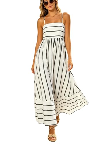 Image of utcoco Womens Summer Striped Back Smocked Maxi Sundresses Spaghetti Strap Cut Out Flowy Swing A Line Long Dress